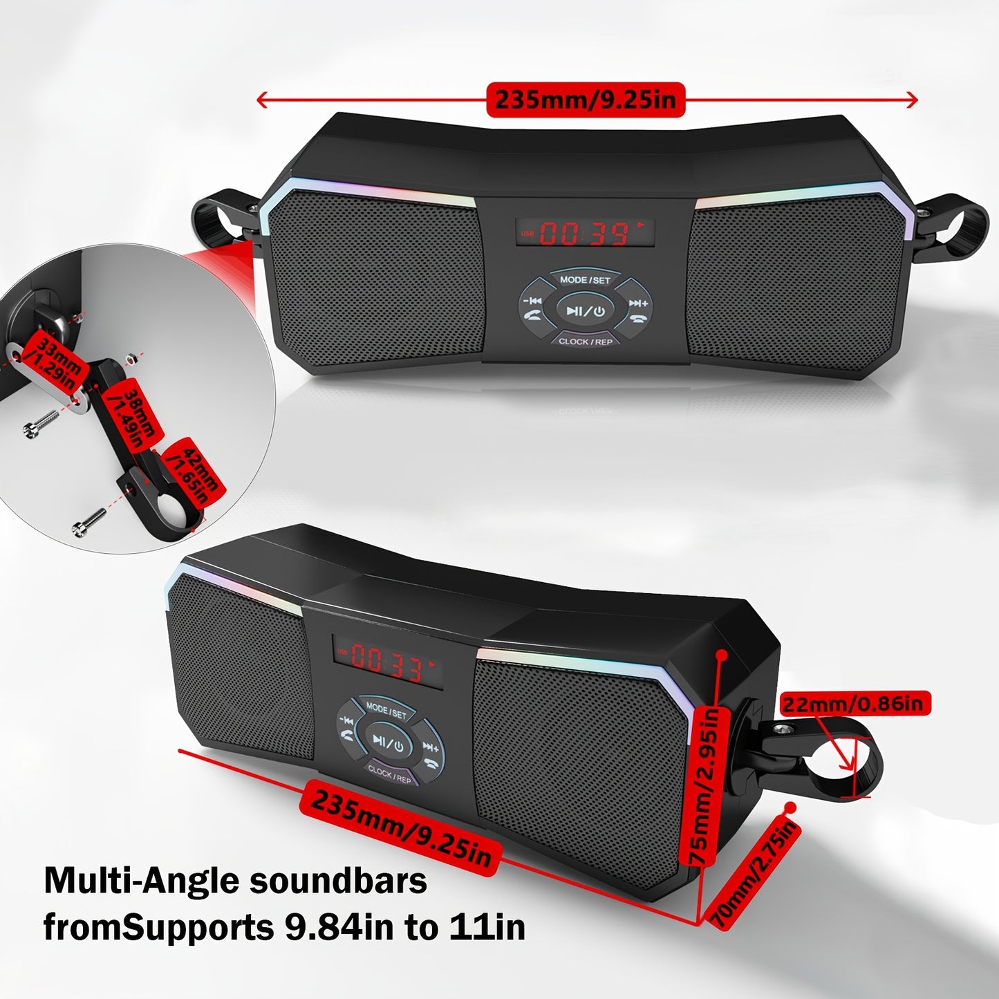 Korbros Handlebar Mount Stereo Wireless Motorcycle Speakers, MP3 Music Player Audio Amplifier, AUX-in, USB, FM Radio, 12V, Room Electrical/Hard Wiring, Button Control, Off-road-motorcycles, Without Battery