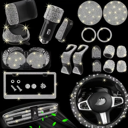 27pcs Bling Car Accessories Set for Women, Bling Steering Wheel Covers Universal Fit 15 Inch, Bling Car Coasters, Bling License Plate Frame, Car Phone Holder