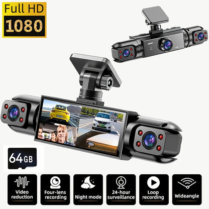 AXH 360° Panoramic 3/4 Lens Channel 1080P HD Ultimate Safety Dash Cam Set, 1080P Front and 720P Full Coverage Front, Rear, Left, and Right, Quad-Split Screen Display, HD Night Vision, WDR, G-Sensor, Loop Recording - Car Accessories/Car Dash