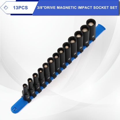 13pcs 3/8" Drive Magnetic Impact Socket Set, 6 Point, CR-MO, Deep, Metric, 7Mm, 8Mm, 9Mm, 10Mm, 11Mm, 12Mm, 13Mm, 14Mm, 15Mm, 16Mm, 17Mm, 18Mm, 19Mm, with Storage Rails, Connect The Impact Tool to Use, Tight Connection