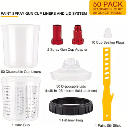 Set of 50 Disposable 20.29oz PPS Cups with Liners And Lids for Paint Spray Guns, Including Mixing Cups for HVLP Sprayers, a 2-Cup Adapter, And a Paint Stirrer, Perfect for Automotive Painting
