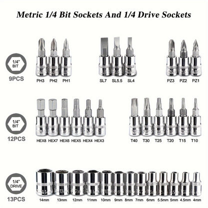 46pcs 1/4" Drive Socket Ratchet Wrench Set With Storage Case, With Reversible Ratchet, Includes Metric Socket Set And Extension For Automotive Repair And Home Maintenance