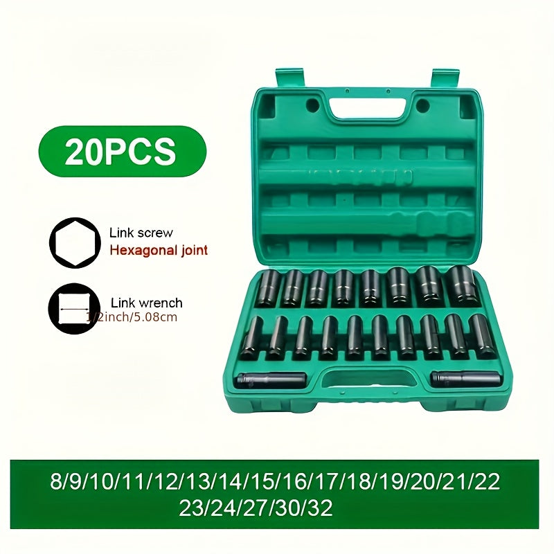 20pcs 1/2" Drive Metric Deep Impact Socket Set, 8mm-32mm, Electric Wrench Extension Hex Sockets for Automotive Repair and Nut Tools, Mechanic Tools, Vehicle Maintenance, Heavyduty Sockets, Professionalgrade Sockets, Impactresistant Sockets, Corrosionresis