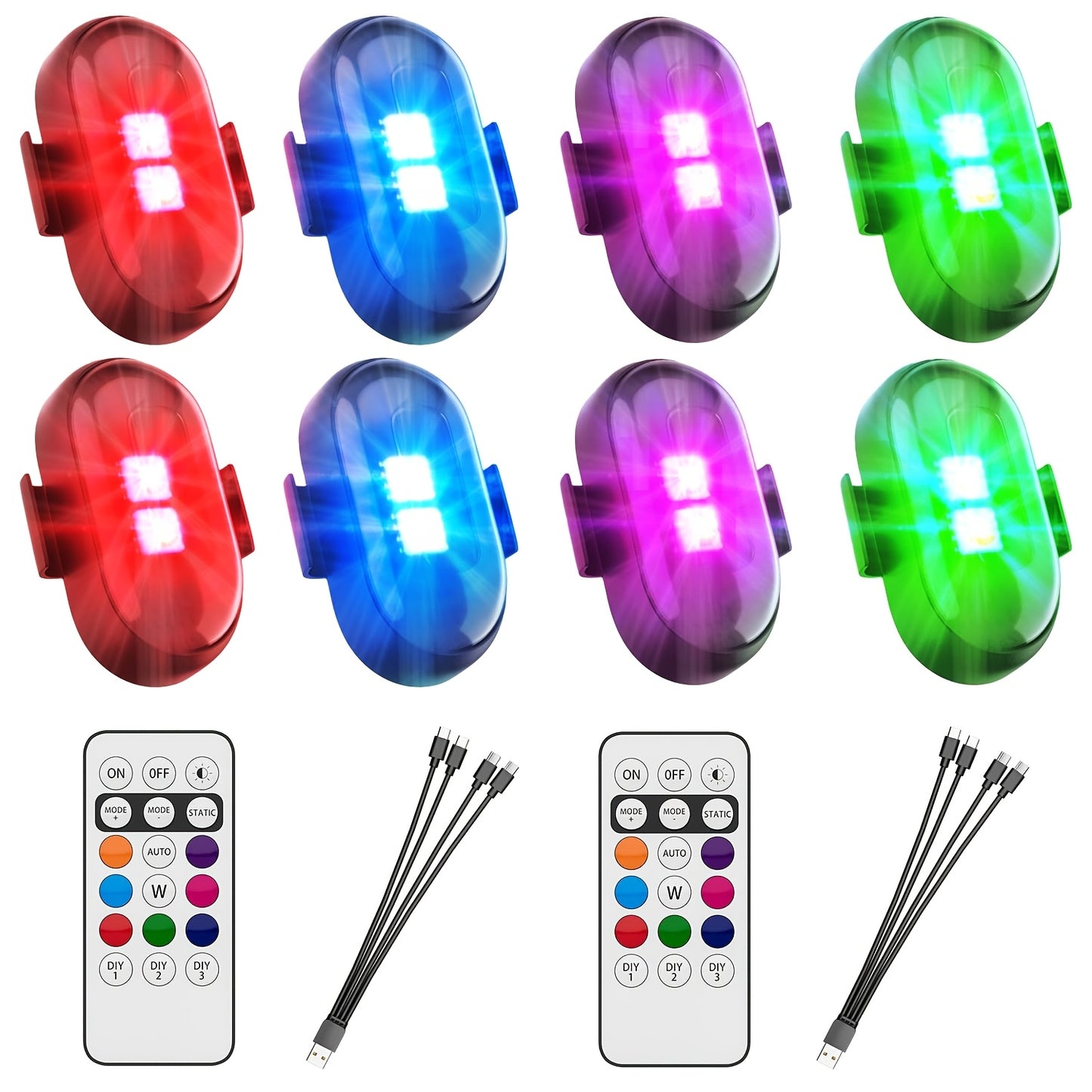 4-Pack Car Wireless LED Strip Light Remote Control | Magnetic Vibration Lights with 8 Colors, USB Rechargeable, IP65 Waterproof, Impact-Resistant Warning Lights, Suitable for Car Interiors, Trucks, Motorcycles, Drones, Aircraft, Bicycles