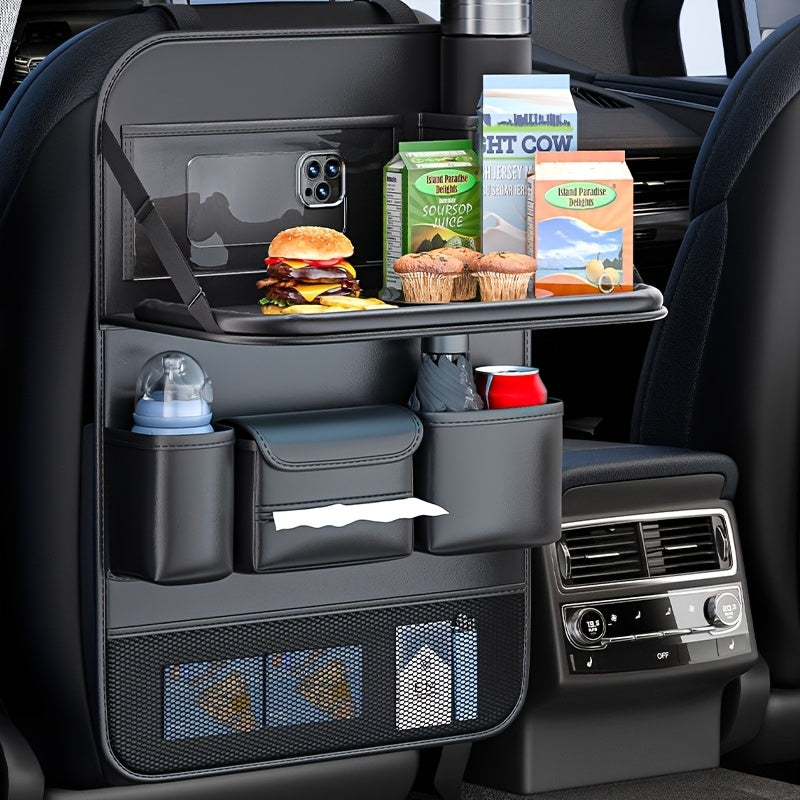 Universal Premium PU Leather Car Seat Back Organizer - Spacious Storage Bag with Back Seat Dining Table, Cup Holder, And Travel Accessories for A Comfortable Ride