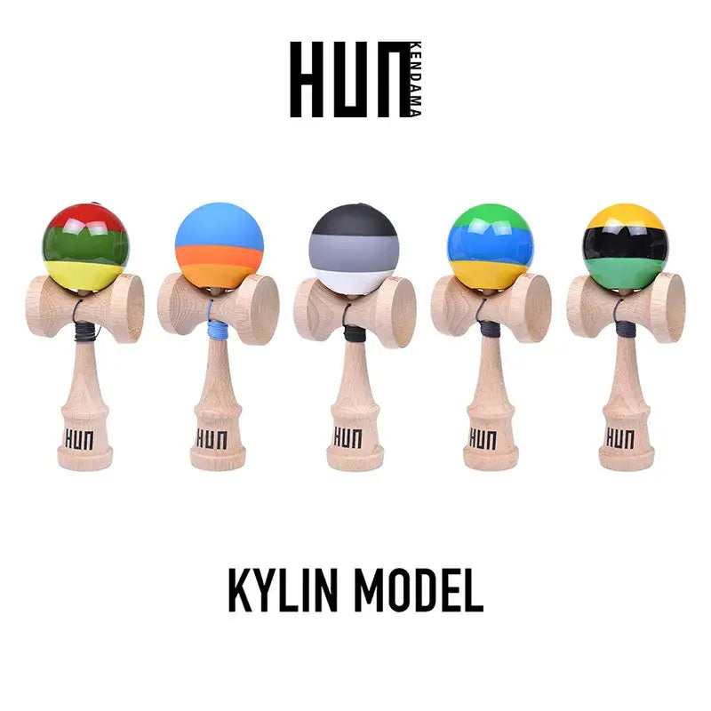 HUN Kendama Kylin Model product image featuring five wooden kendamas with colorful striped balls in red, green, blue, gray, yellow, and black tones on a light gray background.