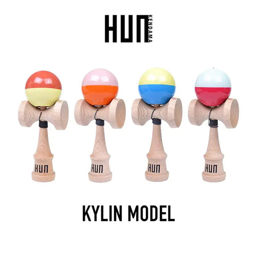 HUN Kendama Kylin Model product image featuring four wooden kendamas with glossy color block balls in coral, cream, orange, pink, yellow, blue, and red tones on a light gray background.